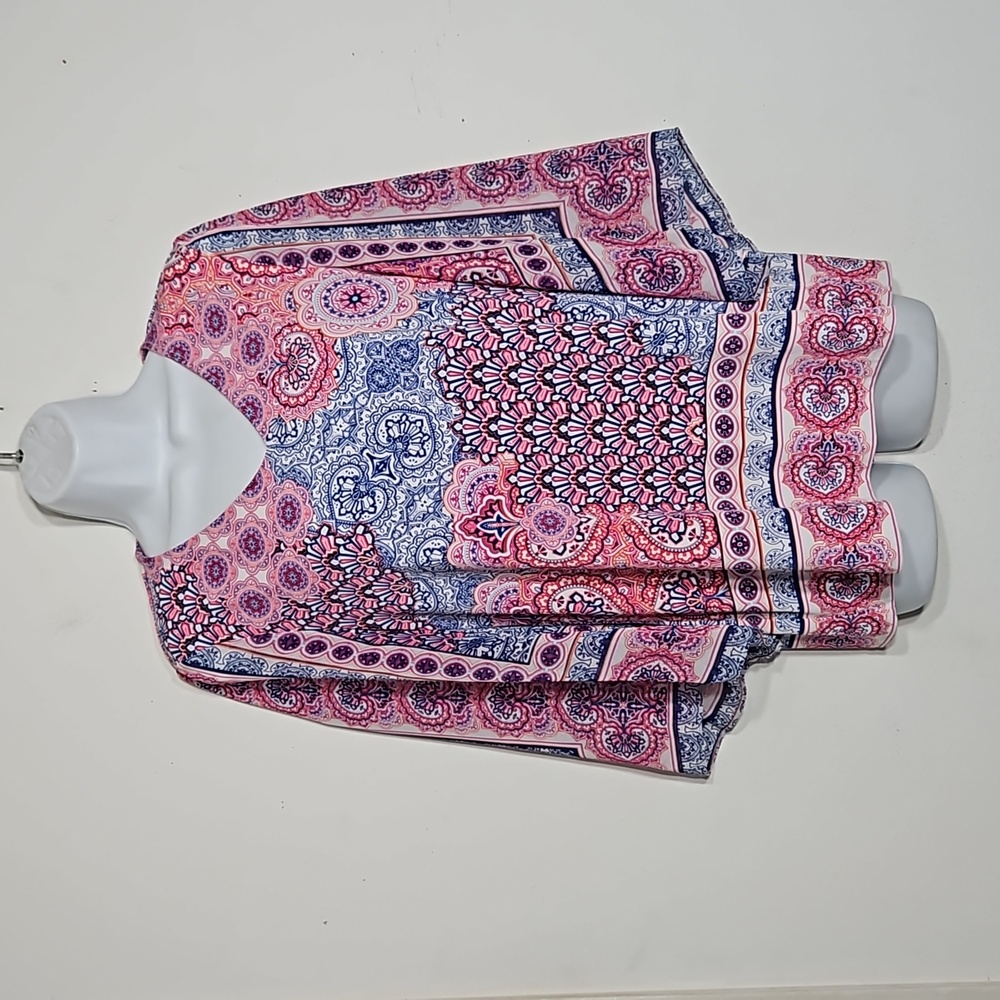 Chico's Women's Small Pink Blue Multicolor Boho Floral Abstract Pullover Blouse